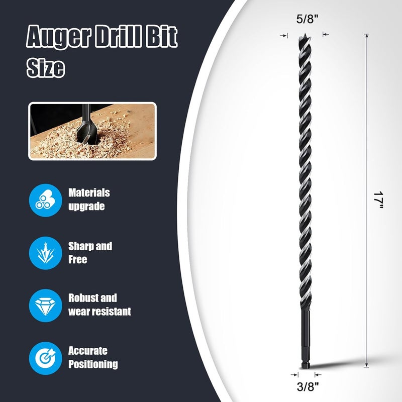 WOBLLMX 5/8" x 17" Auger Drill Bit for Wood, Hex Shank Tri Flute Ship Auger Long Drill Bit for Soft and Hard Wood,Tree Stump,Plastic,Drywall and Composite Materials - Image 2